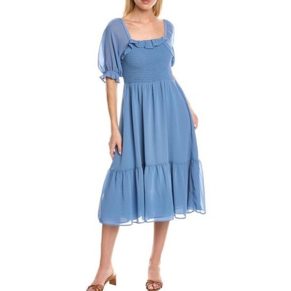 NWOT 1.STATE Puff Sleeve Smocked Bodice Midi Dress - Porcelain Blue - Size XS - Picture 1 of 7